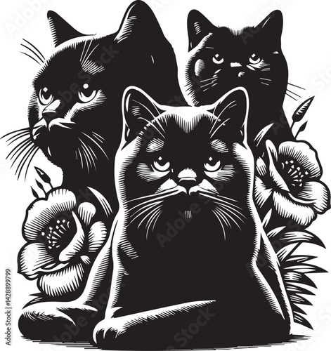 Stylish Black and White Illustration of Ragdoll Cats. A set of four detailed, black and white illustrations of Ragdoll cats.