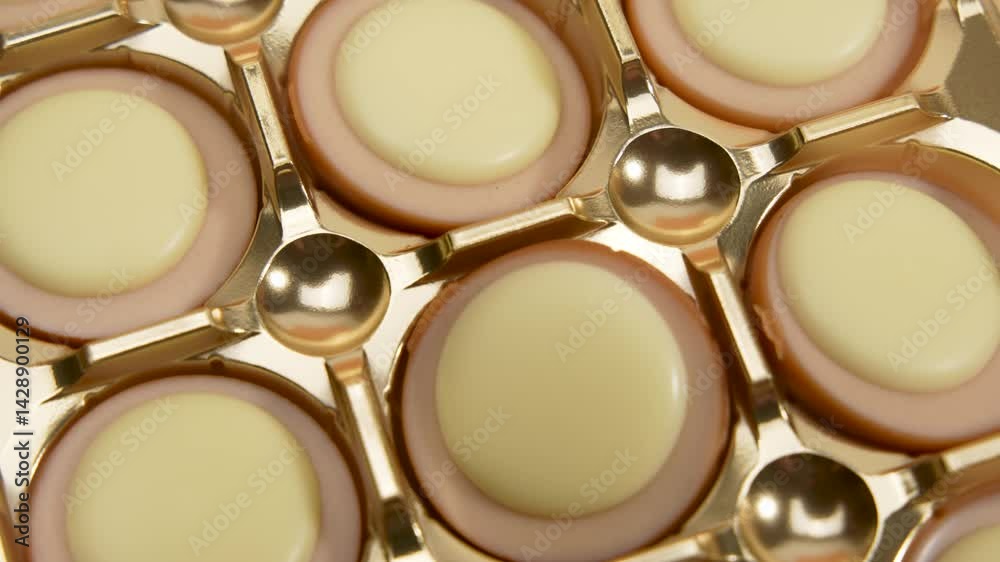White chocolate candies are shown close-up in a gold frame. White chocolate toffees are rotated. White chocolate candies are shown close-up in a gold frame. White chocolate toffees are rotated.