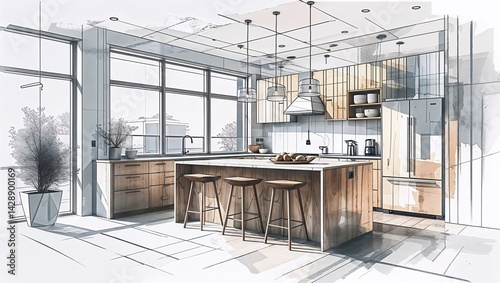 Wooden kitchen with island interior drawing, illustration. Hand drawn interior sketch