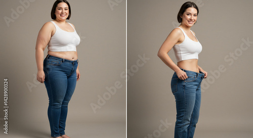 Comparative photo of a woman's full body before and after weight loss, with a white background and a natural appearance.