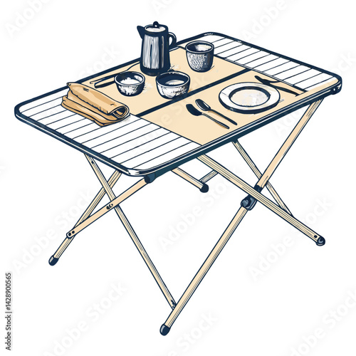 Create a bold, vector illustration of a folded camping table, emphasizing strong lines and sharp corners.  Include details like the folding legs and tabletop.