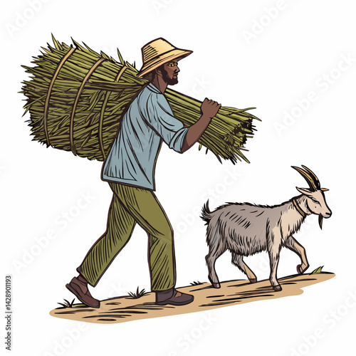 Create a bold, vector illustration of a goat farmer carrying a goat, emphasizing strong outlines and simplified shapes.
