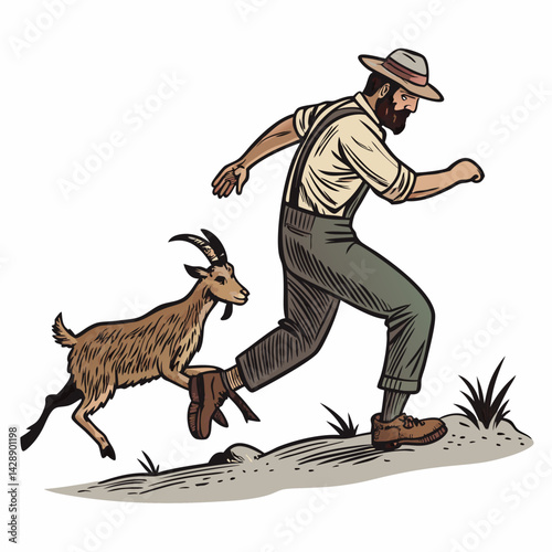 Create a bold vector illustration of a determined goat farmer energetically chasing a single runaway goat across a rugged landscape.