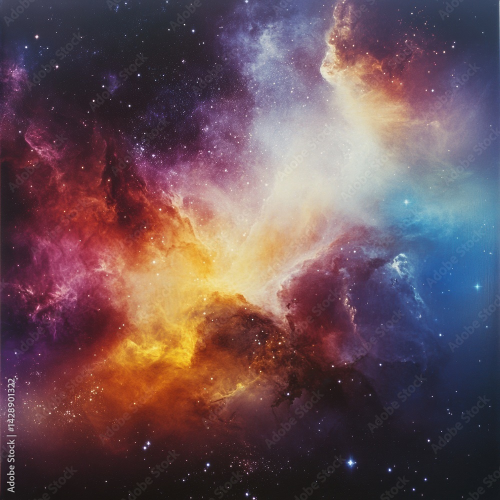 Naklejka premium Vibrant cosmic nebula showcasing a stunning array of colors and patterns in the galactic expanse illustrating the beauty of space at night