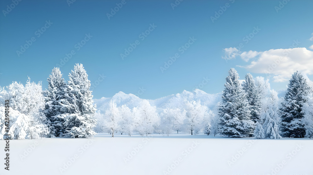 Naklejka premium Snowy Forest Landscape Under Clear Blue Sky