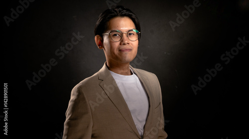 Asian man wearing glasses, beige blazer, and white shirt standing in studio with dark background, looking forward with confident posture, perfect for business, branding, or marketing visuals