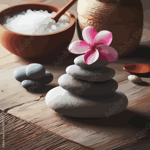Serene stacked stones with pink flower and spa elements in a calming composition