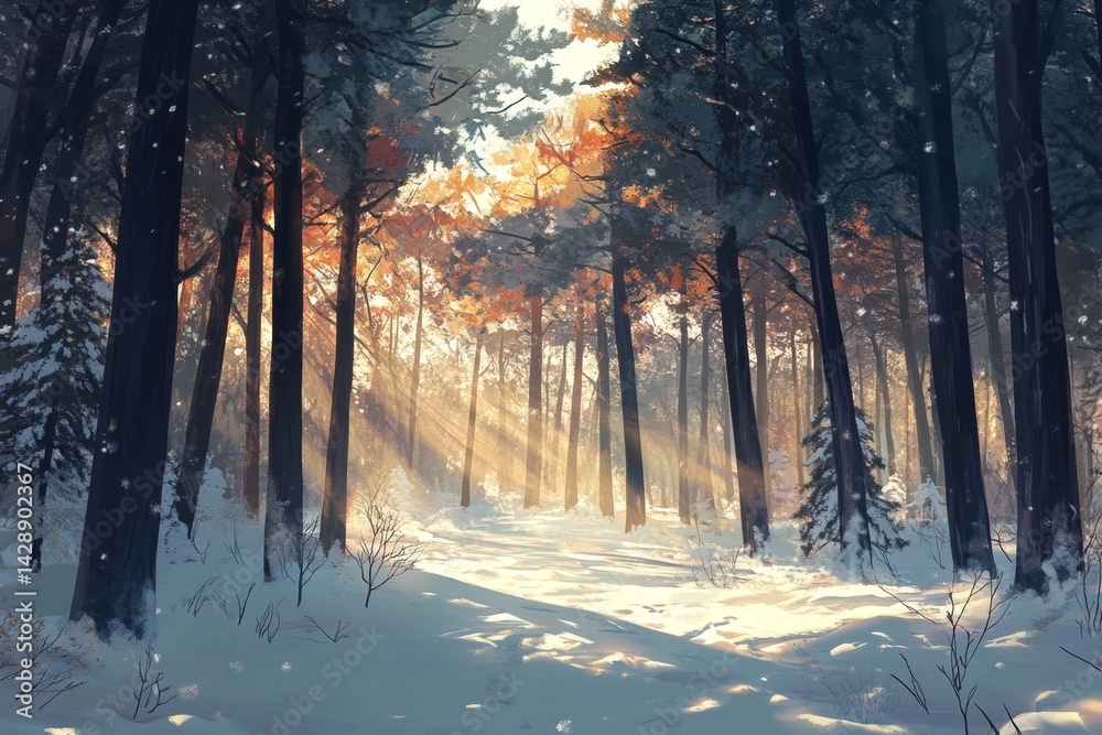 Snow-covered pine forest with sunlight filtering through the trees.