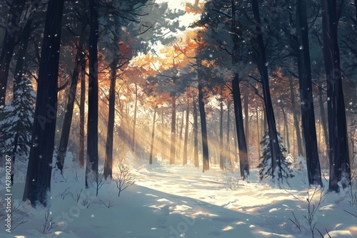 Obraz na płótnie Snow-covered pine forest with sunlight filtering through the trees. w salonie