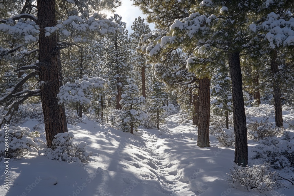 Snow-covered pine forest with sunlight filtering through the trees.