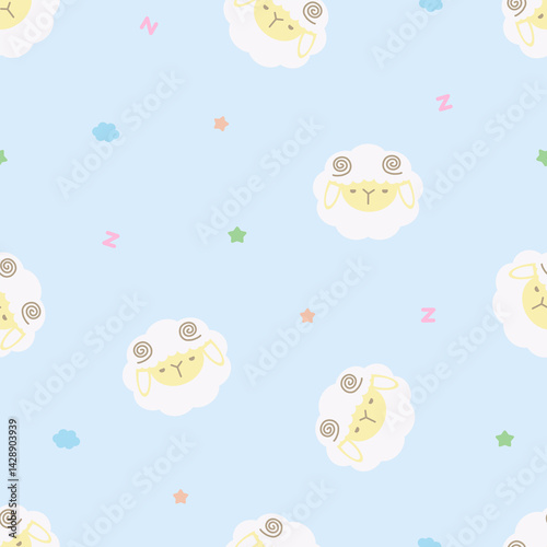 Seamless pattern cartoon animal pet sheep or lamb in the sky. Cute sheep farm design for wallpaper, textile, fashion, background, stationery, wrapping, card, and phone cases.
