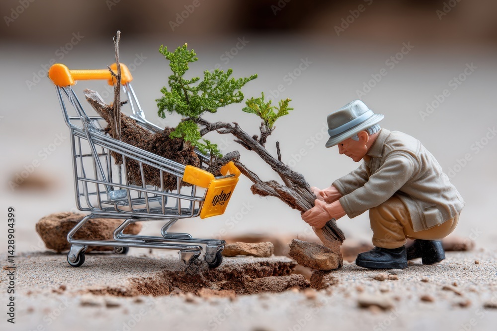 Miniature Gardener Nurturing Plants in Shopping Cart on Ground