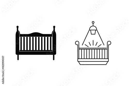 Simple Black And White Baby Cribs Line Art Illustrations