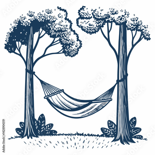 Create a vector illustration of a bold, black stroke hammock tied between two sturdy trees.  Show strong lines and simple shapes.