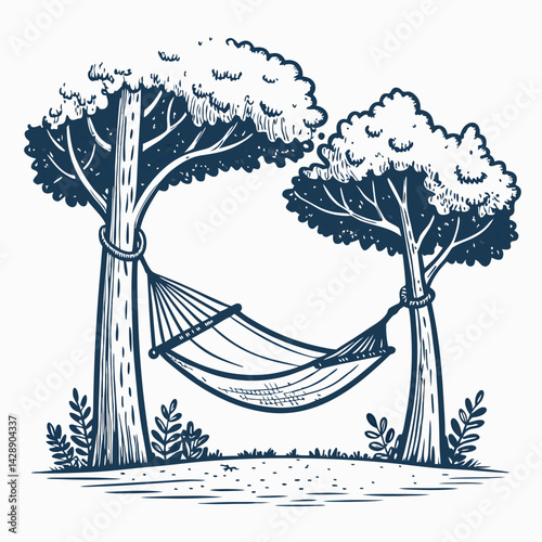 Create a bold, vector illustration of a hammock strung between two sturdy trees, showcasing strong lines and a vibrant color palette.  Focus on the hammock's texture and the implied relaxation.