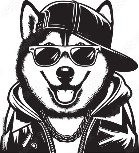 Hip-Hop Husky Dog in Sunglasses and a Cap - Cool Graphic Design. A stylized graphic illustration of a husky dog wearing a baseball cap, sunglasses, a leather jacket, and a chain.