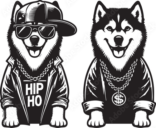 Hip-Hop Husky Dog in Sunglasses and a Cap - Cool Graphic Design. A stylized graphic illustration of a husky dog wearing a baseball cap, sunglasses, a leather jacket, and a chain.