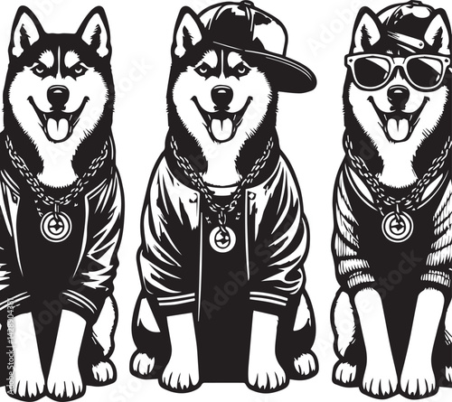Hip-Hop Husky Dog in Sunglasses and a Cap - Cool Graphic Design. A stylized graphic illustration of a husky dog wearing a baseball cap, sunglasses, a leather jacket, and a chain.