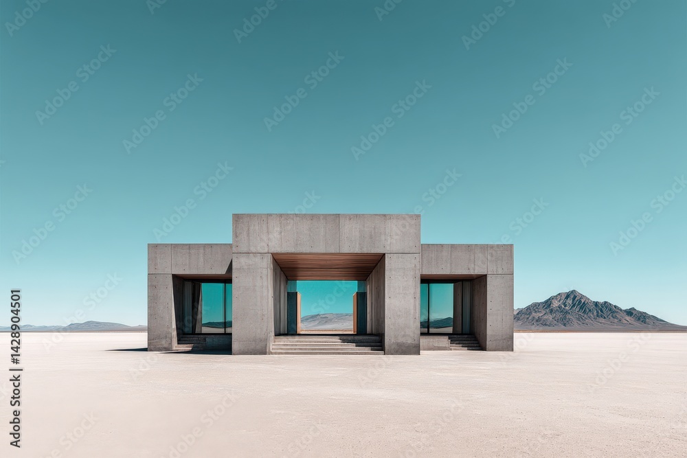 Minimalist Concrete Structure Against Clear Blue Sky and Mountain View