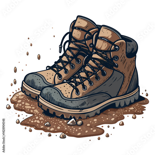 Create a vector illustration of a pair of hiking boots with a bold, black stroke.  Ensure high detail and clean lines.