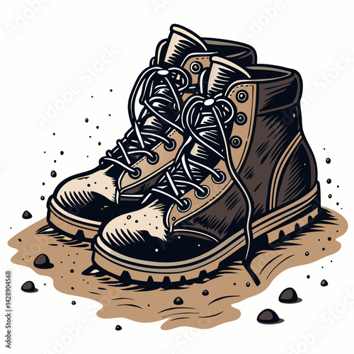 Create a vector illustration of a pair of sturdy hiking boots with a bold, thick black stroke outline, emphasizing texture and detail.
