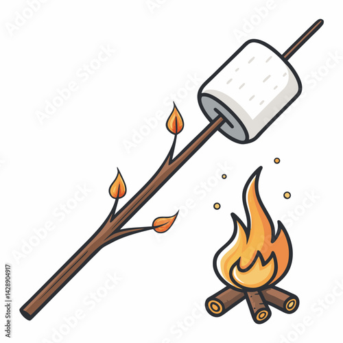 Create a vector illustration of a bold, stylized marshmallow roasting on a stick over a campfire.  Focus on thick, impactful lines and vibrant colors.