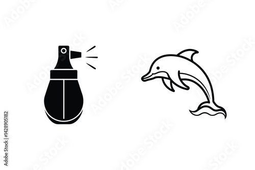 Simple Line Art Black And White Iconography Featuring Perfume And A Dolphin