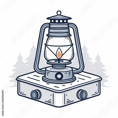 Create a bold, vector illustration of a portable gas camping stove with thick outlines, emphasizing its metallic components and control knobs.