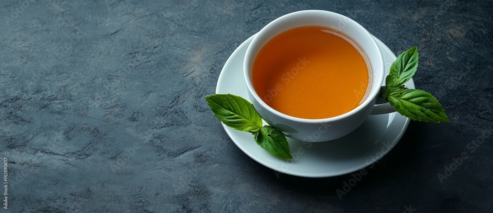 On a gray table, a cup of green tea with leaves is situated, creating an ideal area for adding text in the copy space image On a gray table, a cup of green tea with leaves is situated, creating an ideal area for adding text in the copy space image