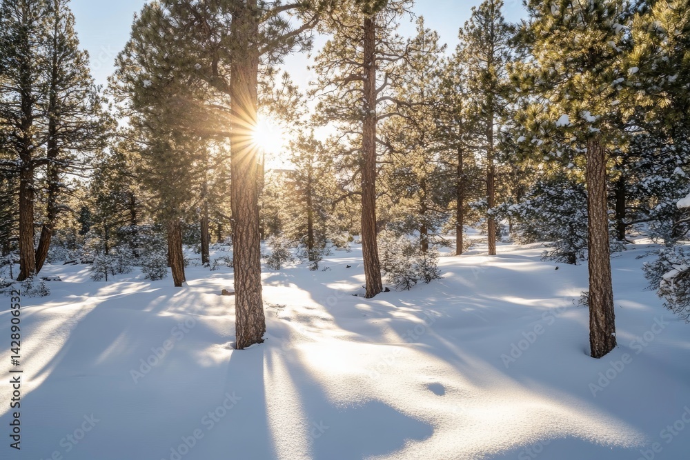 Snow-covered pine forest with sunlight filtering through the trees.