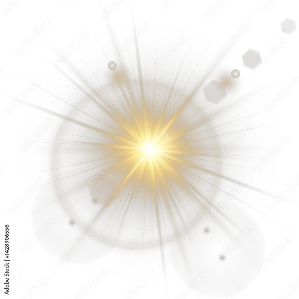Obraz premium Sunlight glare expands in soft transparent radial pattern. Golden star flash beams with yellow radiant burst. Lens flare adds warmth to clean modern compositions. Realistic overlay
