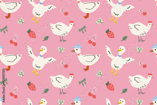 Charming farmhouse animal pattern with ducks and cherries for cottage decor design.