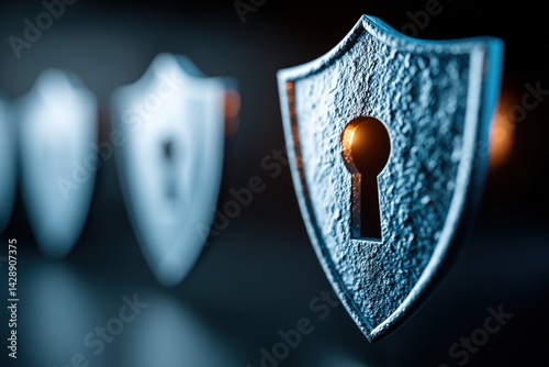 A close-up of metallic shields with keyholes, symbolizing security and protection in a sleek, modern design.