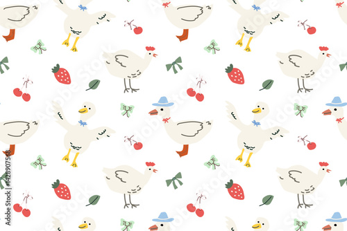 Charming farmhouse pattern with whimsical chickens and fresh fruit motifs for textile design.