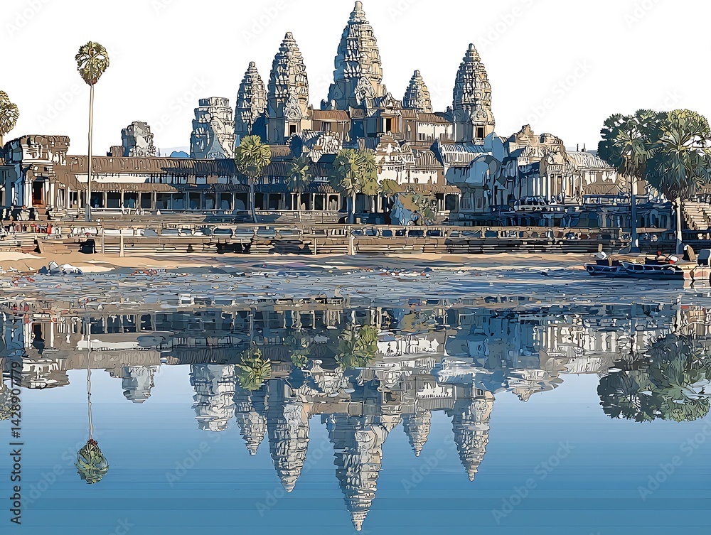 Fototapeta premium A temple complex is reflected in water.