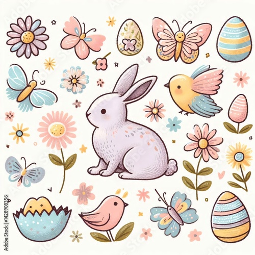 Easter Bunny and Springtime Elements Illustration