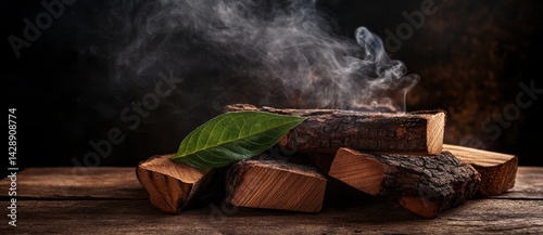 A pile of aromatic sandalwood logs set against a rural backdrop ideal for a blank space picture