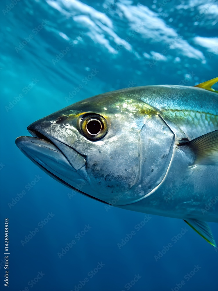 Fototapeta premium Close-up view of a vibrant tuna fish swimming gracefully in clear ocean waters