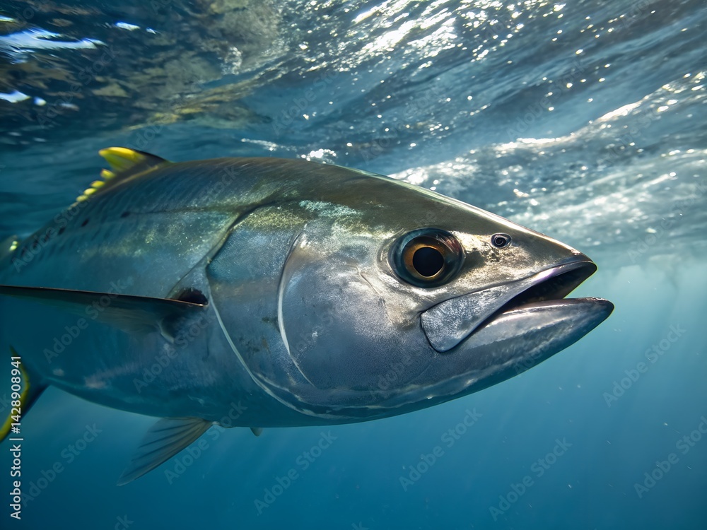 Obraz premium Close up view of a tuna fish swimming gracefully in deep ocean waters