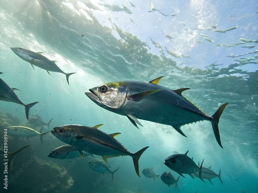 Fototapeta premium Tuna fish swim rapidly in formation under the shimmering ocean surface