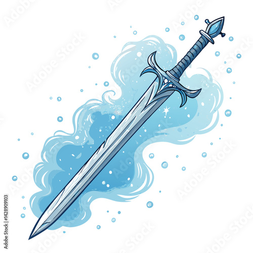 Design a bold, vector illustration of a magical ice sword named "Emi," featuring sharp, crystalline details and a powerful, icy glow.