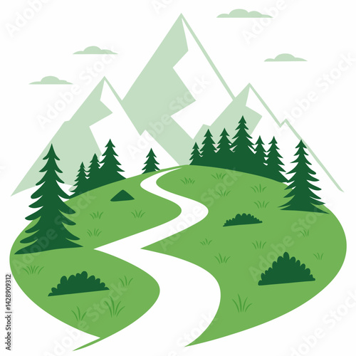 Create a bold, clean vector illustration of a winding mountain path.  Emphasis on strong, defined lines and clear contrast.
