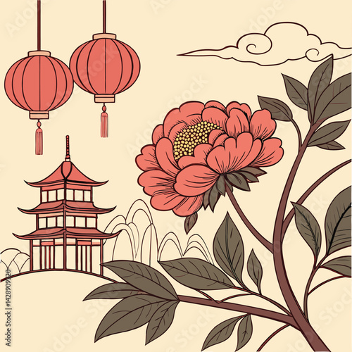 Peony Red Chinese Style Flower Festival New Year