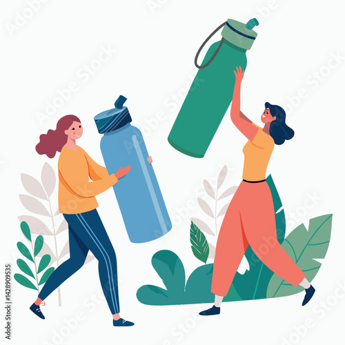 Design a bold vector illustration of diverse people confidently using reusable bags for shopping, emphasizing sustainable lifestyle choices.