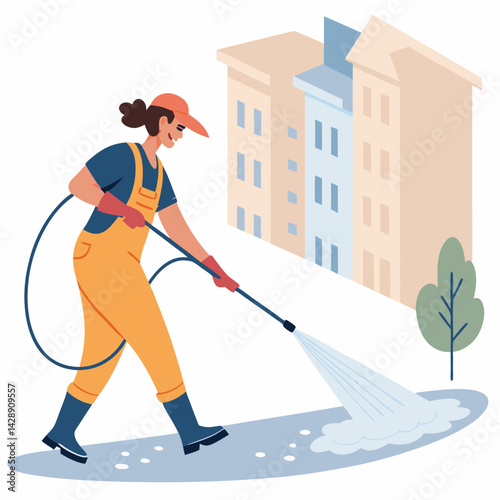 Create a bold vector illustration of a person using a water sprayer, emphasizing strong outlines and vibrant colors.  Focus on dynamic action and clear lines.