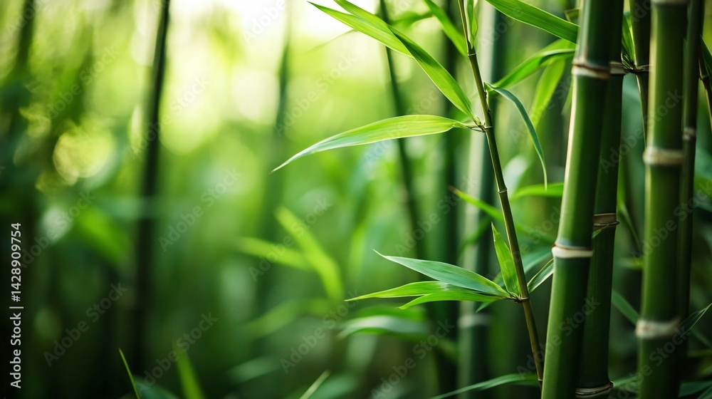 Obraz premium Lush green bamboo forest, sunlight dappled, tranquil nature scene; perfect for relaxation or eco themes