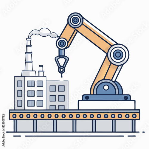 Create a bold vector illustration of a robotic arm in a factory setting, emphasizing strong lines and metallic textures.