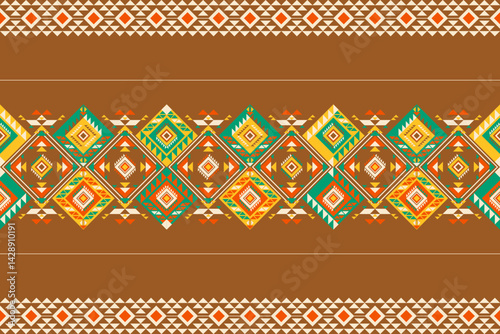 Native border pattern with diamond motifs on brown background. Green orange and yellow geometric designs create warm ethnic borders perfect for wooden home interiors and rustic decor.