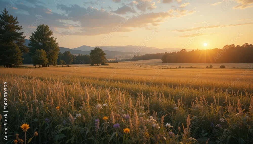 Obraz premium Serene Sunrise Over Wheat Field with Elegant Wildflowers in Foreground