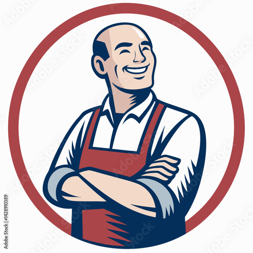 Create a bold vector illustration of a friendly shopkeeper NPC, possibly wearing an apron, behind a counter.  Include detailed features and a vibrant color palette.
